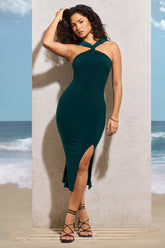 Bottle Green Twist-Neck Split Maxi Dress